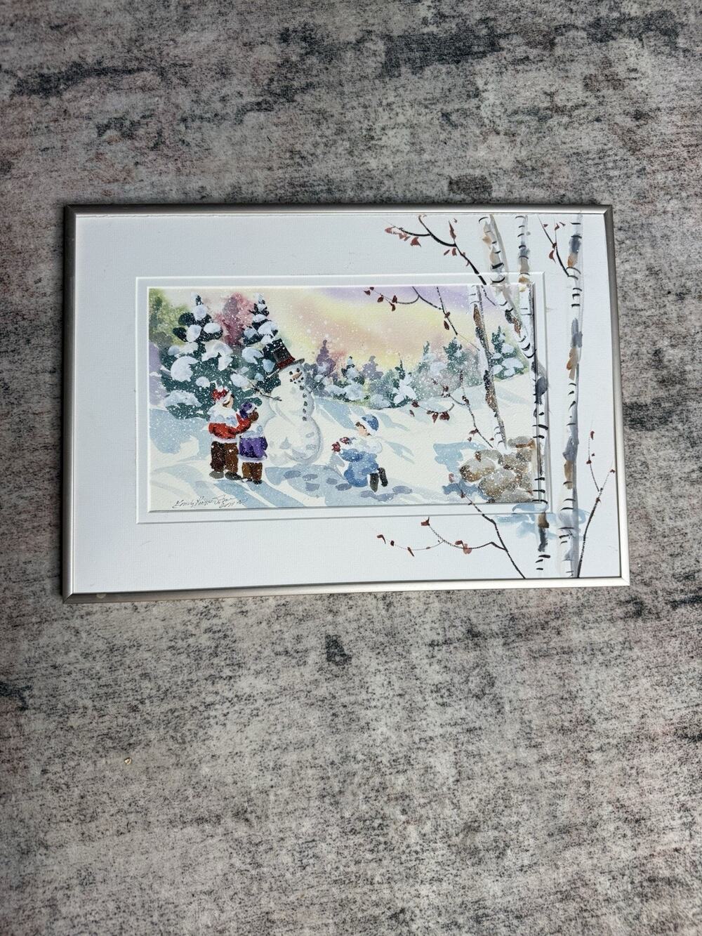 Emily L. keene Emily Johnson Watercolor Original 2000 Signed Snowman Winter Fun